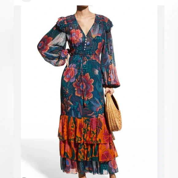 FARM Rio | Dresses | Farm Rio River Creatures Teal Tiered Maxi Dress Size  Xs | Poshmark